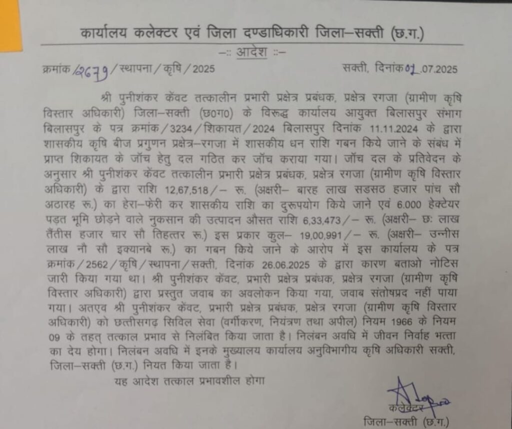 ग्रामीण कृषि विस्तार अधिकारी निलंबित 19,00,000 के गबन मामले में बड़ी कार्रवाई 2 1002863904